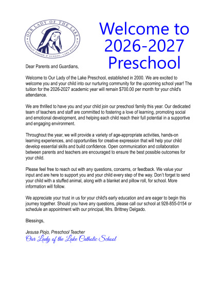 Preschool: Welcome Letter