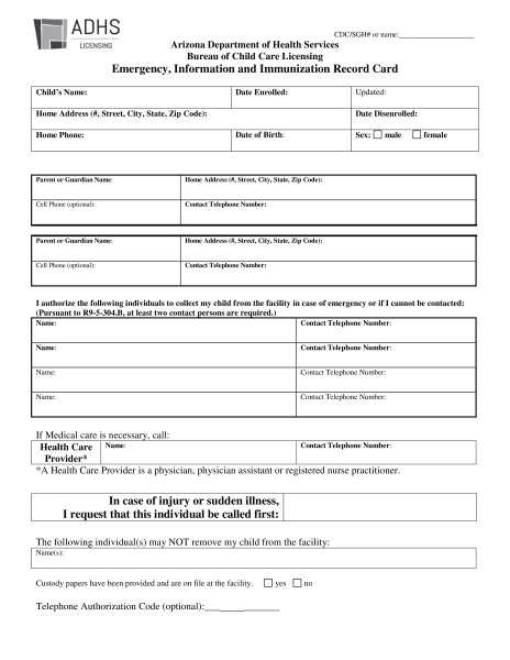 Emergency, Information and Immunization Record Card